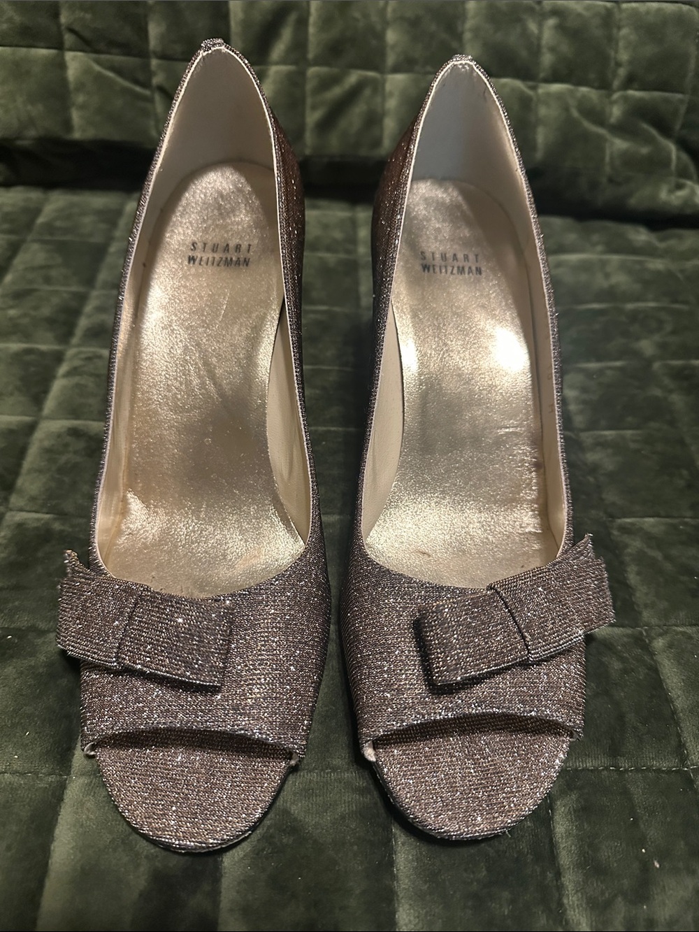 Stuart Weitzman Glitter Taupe Open-Toe Pumps with Bow